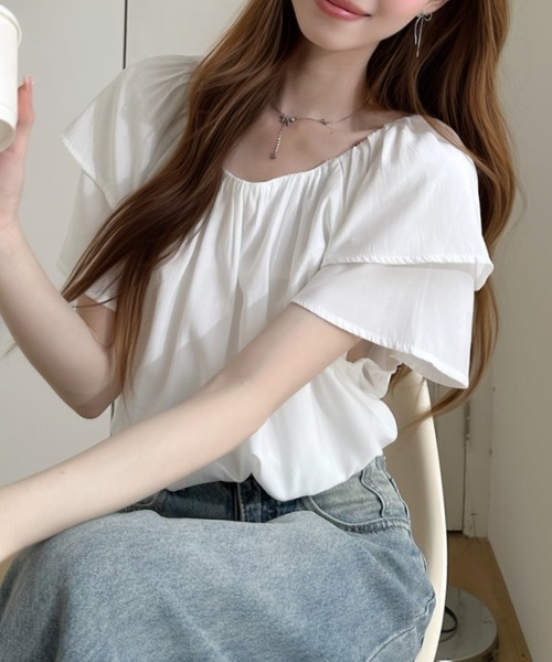 Ada.(エイダ)の「フロントギャザー フレアフレンチスリーブブラウス(シャツ/ブラウス・レディース・ホワイト/ブラック/ベージュ・FREE)」の5枚目の写真
