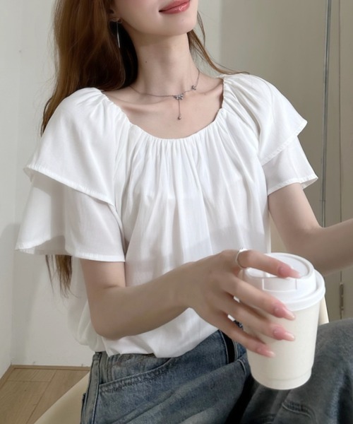 Ada.(エイダ)の「フロントギャザー フレアフレンチスリーブブラウス(シャツ/ブラウス・レディース・ホワイト/ブラック/ベージュ・FREE)」の8枚目の写真