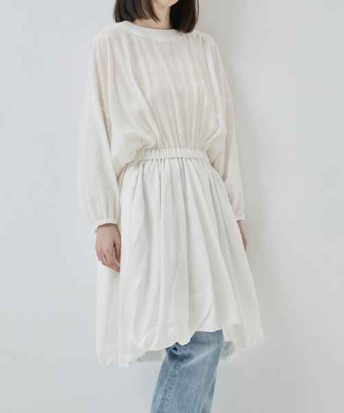 08sircus（ゼロエイトサーカス）の「[08sircus/ゼロハチサーカス]Modal silk gather mini dress（ワンピース・レディース・ブラック/オフホワイト・1）」の2枚目の写真