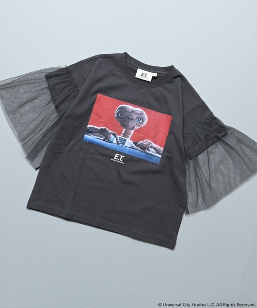 MARKEY'S（マーキーズ）の「【E.T.】別注 袖チュールTシャツ（Tシャツ/カットソー・キッズ・チャコール/ホワイト・100/150/120/110/90/140/130）」の2枚目の写真