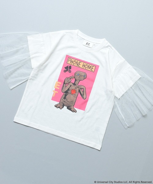 MARKEY'S（マーキーズ）の「【E.T.】別注 袖チュールTシャツ（Tシャツ/カットソー・キッズ・チャコール/ホワイト・100/150/120/110/90/140/130）」の4枚目の写真