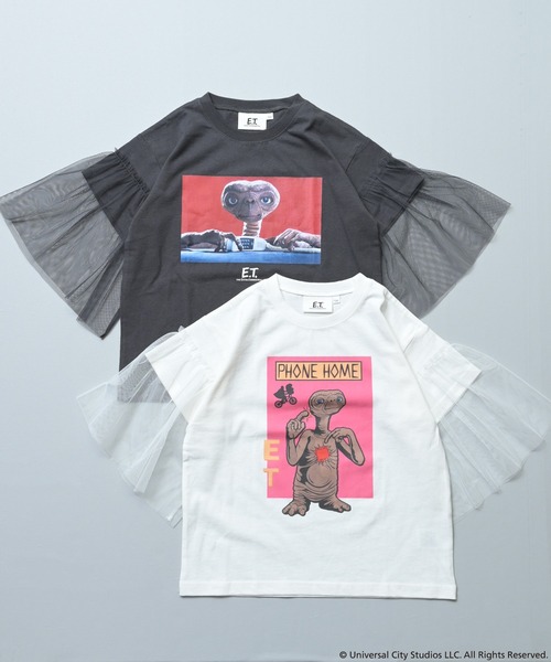 MARKEY'S（マーキーズ）の「【E.T.】別注 袖チュールTシャツ（Tシャツ/カットソー・キッズ・チャコール/ホワイト・100/150/120/110/90/140/130）」の3枚目の写真