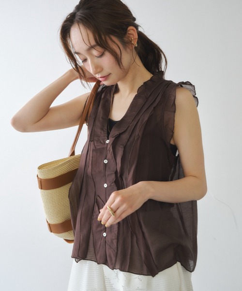 セール】フロントフリルノースリーブブラウス（Tシャツ/カットソー 
