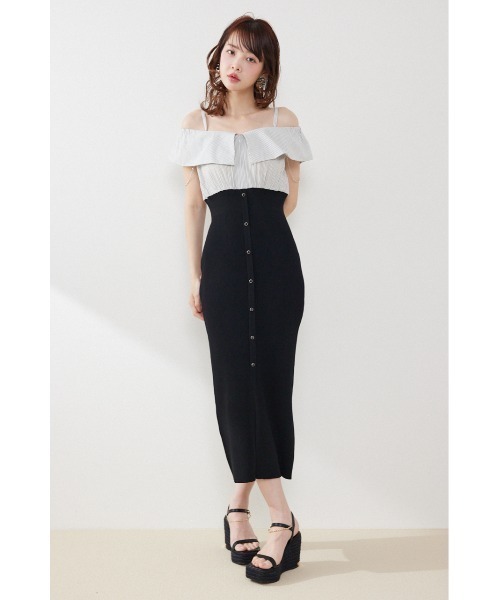 rienda(リエンダ)の「2WAYフロントジップビッグカラータイトニットワンピース 春服 夏服(ワンピース・レディース・ブラック/ホワイト/ライム・FREE)」の1枚目の写真