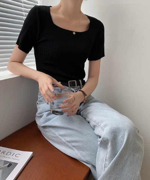 Aelina（エリナ）の「アイシスレースボディシェイプニットTシャツ（ニット/セーター・レディース・ブラック/ブルー/ホワイト/イエロー/ベージュ・FREE）」の15枚目の写真