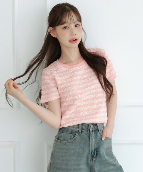 by muni:r(バイ ムニール)の「ソフトパールストライプツイード半袖Tシャツ(Tシャツ/カットソー・レディース・ピンク/アイボリー・FREE)」の2枚目の写真
