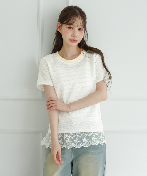 by muni:r(バイ ムニール)の「ソフトパールストライプツイード半袖Tシャツ(Tシャツ/カットソー・レディース・ピンク/アイボリー・FREE)」の6枚目の写真