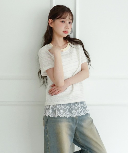 by muni:r(バイ ムニール)の「ソフトパールストライプツイード半袖Tシャツ(Tシャツ/カットソー・レディース・ピンク/アイボリー・FREE)」の8枚目の写真
