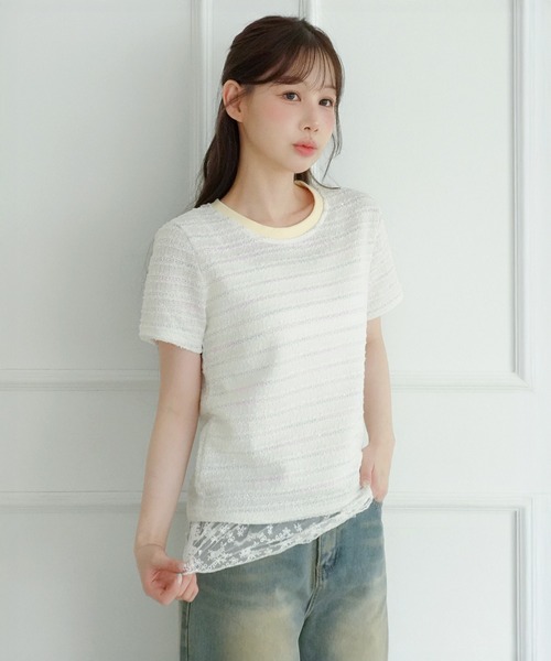 by muni:r(バイ ムニール)の「ソフトパールストライプツイード半袖Tシャツ(Tシャツ/カットソー・レディース・ピンク/アイボリー・FREE)」の10枚目の写真