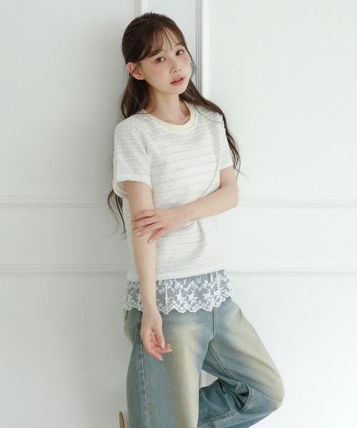 by muni:r(バイ ムニール)の「ソフトパールストライプツイード半袖Tシャツ(Tシャツ/カットソー・レディース・ピンク/アイボリー・FREE)」の11枚目の写真