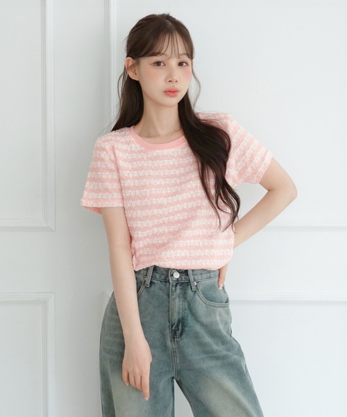 by muni:r(バイ ムニール)の「ソフトパールストライプツイード半袖Tシャツ(Tシャツ/カットソー・レディース・ピンク/アイボリー・FREE)」の13枚目の写真