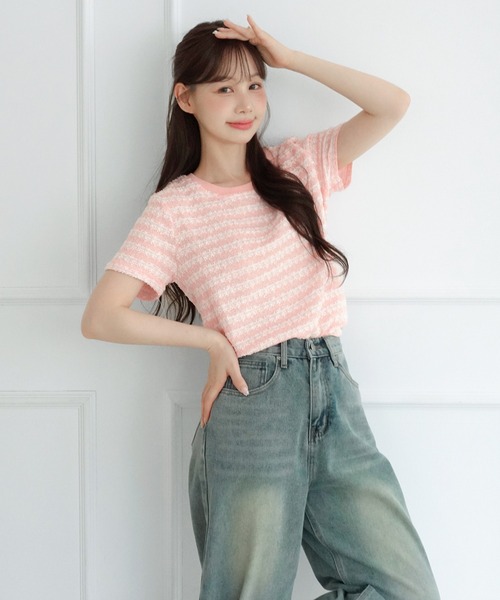 by muni:r(バイ ムニール)の「ソフトパールストライプツイード半袖Tシャツ(Tシャツ/カットソー・レディース・ピンク/アイボリー・FREE)」の14枚目の写真