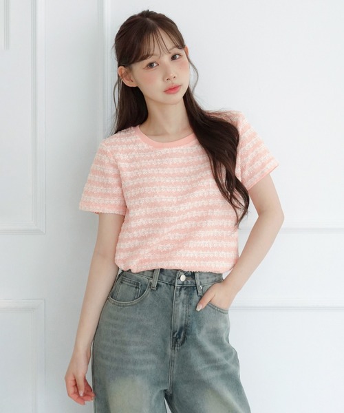 by muni:r(バイ ムニール)の「ソフトパールストライプツイード半袖Tシャツ(Tシャツ/カットソー・レディース・ピンク/アイボリー・FREE)」の15枚目の写真