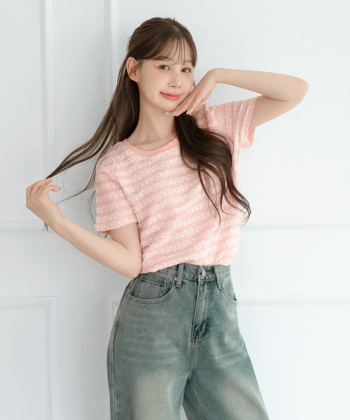 by muni:r(バイ ムニール)の「ソフトパールストライプツイード半袖Tシャツ(Tシャツ/カットソー・レディース・ピンク/アイボリー・FREE)」の18枚目の写真
