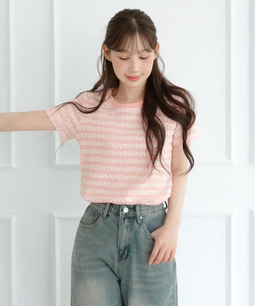 by muni:r(バイ ムニール)の「ソフトパールストライプツイード半袖Tシャツ(Tシャツ/カットソー・レディース・ピンク/アイボリー・FREE)」の19枚目の写真