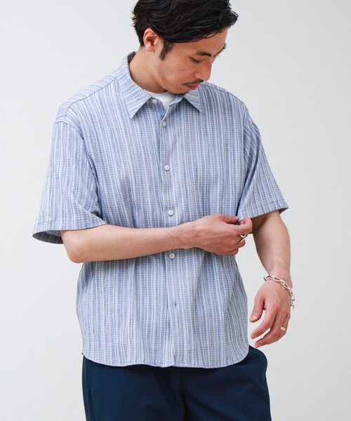 GLOSTER(グロスター)の「【軽やかな夏素材】シアーストライプ半袖シャツ(シャツ/ブラウス・メンズ・パープル/ブラック/オリーブ・S/L/M)」の5枚目の写真
