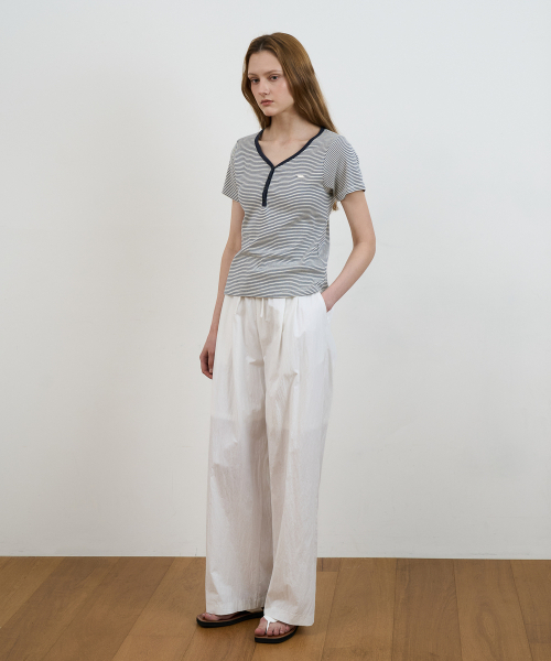 DEHEVE（デヘヴェ）の「Stripe Henley Neck T-shirt [Ivory]（Tシャツ/カットソー・レディース・アイボリー・OS）」の5枚目の写真