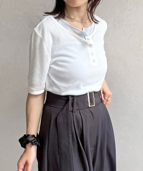Thevon(ゼボン)の「シアーリブヘンリーネック5分袖プルオーバー(Tシャツ/カットソー・レディース・ピンク/オフホワイト/グレー/サックスブルー・FREE)」の8枚目の写真