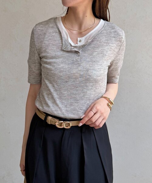 Thevon(ゼボン)の「シアーリブヘンリーネック5分袖プルオーバー(Tシャツ/カットソー・レディース・ピンク/オフホワイト/グレー/サックスブルー・FREE)」の13枚目の写真