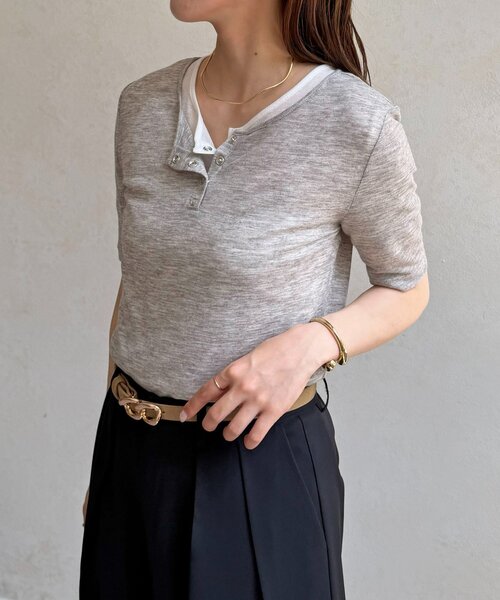 Thevon(ゼボン)の「シアーリブヘンリーネック5分袖プルオーバー(Tシャツ/カットソー・レディース・ピンク/オフホワイト/グレー/サックスブルー・FREE)」の14枚目の写真