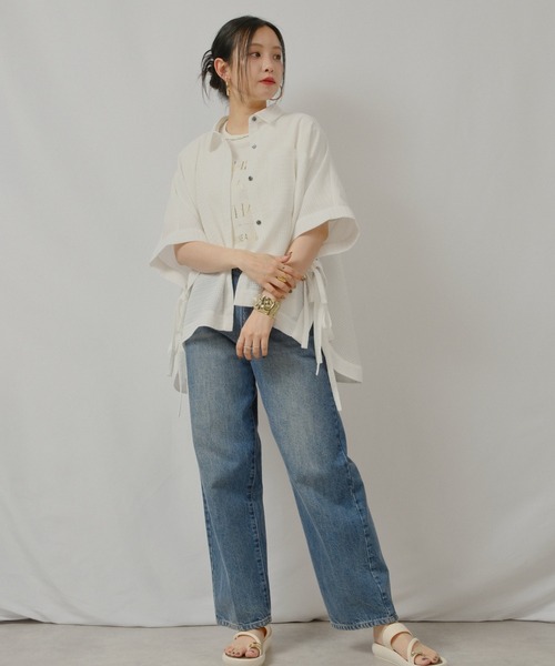 palm RICHE(ポームリシュ)の「テクスチャーポンチョシャツ(シャツ/ブラウス・レディース・イエロー×グリーン/オフホワイト/ブラック・M)」の4枚目の写真