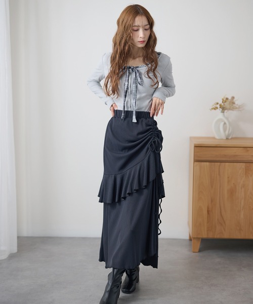DAYRA(デイラ)の「サイドギャザー アシンメトリー フリル リブ ロングスカート(スカート・レディース・チャコールグレー/ブラック/グリーン・FREE)」の20枚目の写真