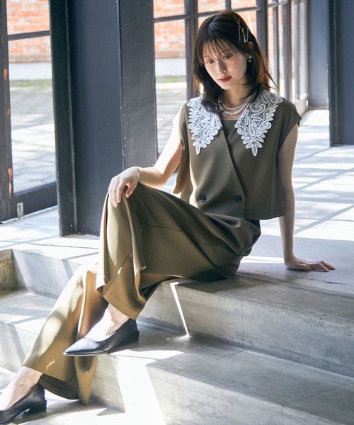 anne by RANAN(anne by RANAN)の「【2点セット】レースカラーセットアップパンツドレス(パンツドレス・レディース・チャコール/カーキ/ブラック・L/M/LL)」の3枚目の写真