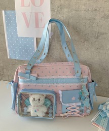 【推し活/ぬい活】【3WAY】クリアポケット付き バイカラー ドット柄 リボン ガーリーミニボストンバッグ トート ショルダー リュック
