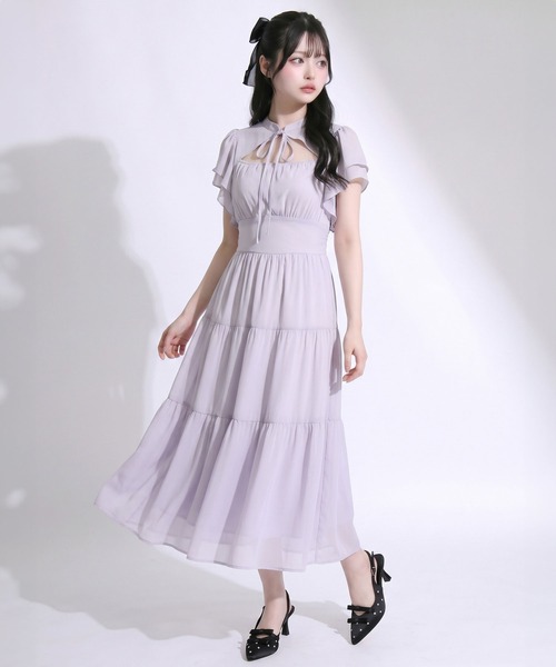 DearMyLoveRose（ディアマイラブローズ）の「デコルテオープンティアードロングワンピース【大きいサイズあり】（シャツワンピース・レディース・ホワイト/ブラック/ラベンダー・M-L/L～LL/LL～3L）」の12枚目の写真