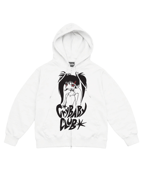 CRYBABYCLUB(クライベイビークラブ)の「レッドアイアートワークフードジップアップ_ホワイト(パーカー・レディース・ホワイト・LARGE/SMALL/MEDIUM)」の1枚目の写真
