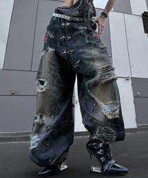 【RICH】DUST WAX RIPPED WIDE PANTS / 【RICH】ダーティーウォッシュリベットダメージワイドデニムパンツ<着用動画あり>