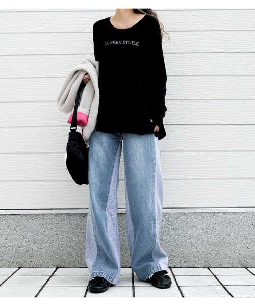 Q(キュー)の「【着回し抜群】ラグランロゴロンT 秋冬(Tシャツ/カットソー・レディース・パープル/グレイッシュベージュ/ブラック・MEDIUM)」の16枚目の写真