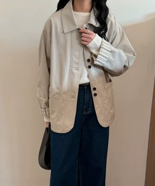 Teem Store(チームストア)の「袖ストライプ折り返し オーバーサイズステンカラーブルゾン(ブルゾン・レディース・ダークブラウン/アイボリー・M)」の3枚目の写真