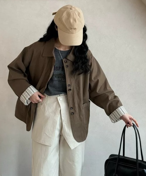Teem Store(チームストア)の「袖ストライプ折り返し オーバーサイズステンカラーブルゾン(ブルゾン・レディース・ダークブラウン/アイボリー・M)」の10枚目の写真