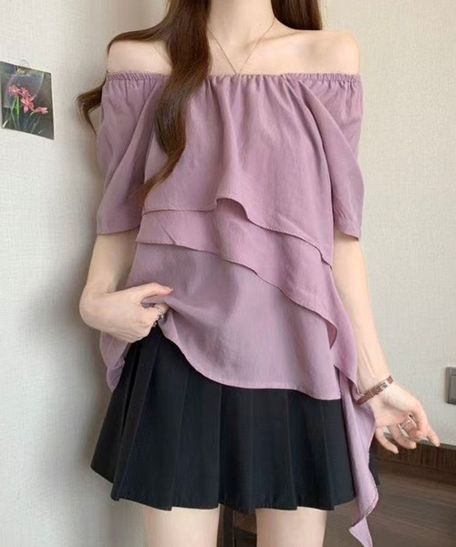 Girly Doll(ガーリードール)の「スクエアネックティアード半袖ブラウス(その他トップス・レディース・ベージュ/パープル・M/L)」の2枚目の写真