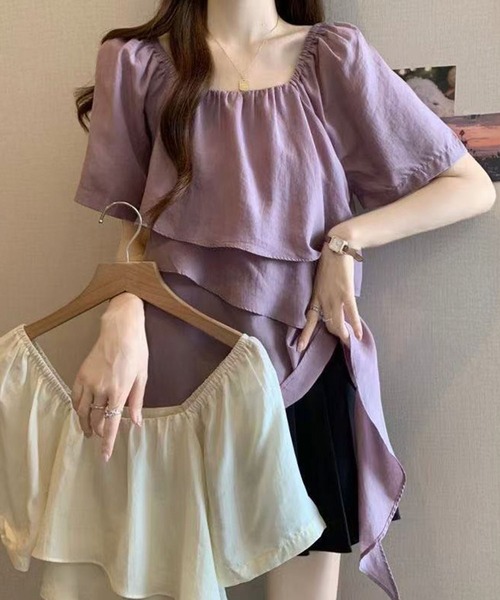 Girly Doll(ガーリードール)の「スクエアネックティアード半袖ブラウス(その他トップス・レディース・ベージュ/パープル・M/L)」の5枚目の写真