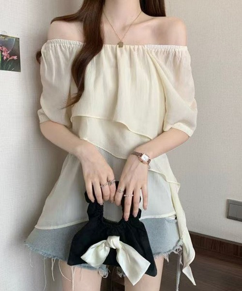 Girly Doll(ガーリードール)の「スクエアネックティアード半袖ブラウス(その他トップス・レディース・ベージュ/パープル・M/L)」の6枚目の写真