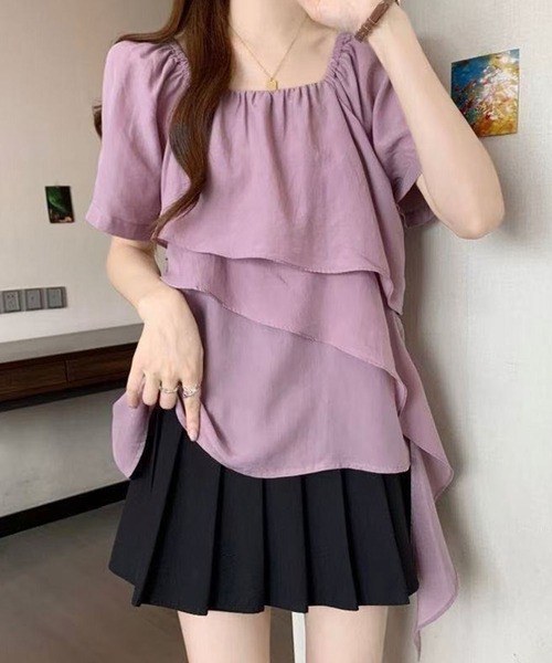 Girly Doll(ガーリードール)の「スクエアネックティアード半袖ブラウス(その他トップス・レディース・ベージュ/パープル・M/L)」の3枚目の写真