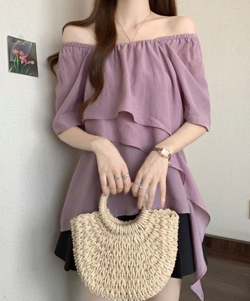 Girly Doll(ガーリードール)の「スクエアネックティアード半袖ブラウス(その他トップス・レディース・ベージュ/パープル・M/L)」の4枚目の写真