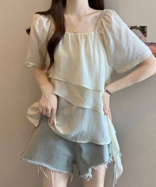 Girly Doll(ガーリードール)の「スクエアネックティアード半袖ブラウス(その他トップス・レディース・ベージュ/パープル・M/L)」の9枚目の写真