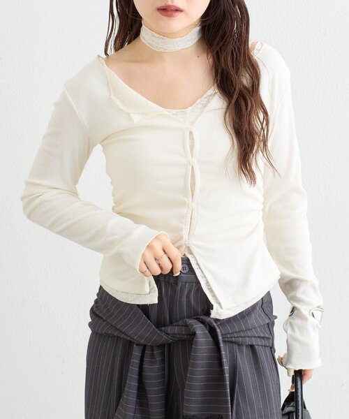 mystic（ミスティック）の「【ZOZO限定ITEM】レースチョーカ-付きレイヤードカットソー（Tシャツ/カットソー・レディース・グレー/ブラウン/オフホワイト・FREE）」の2枚目の写真