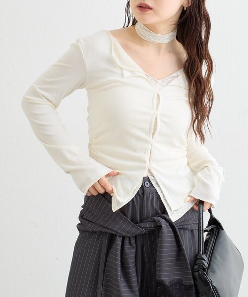 mystic（ミスティック）の「【ZOZO限定ITEM】レースチョーカ-付きレイヤードカットソー（Tシャツ/カットソー・レディース・グレー/ブラウン/オフホワイト・FREE）」の4枚目の写真