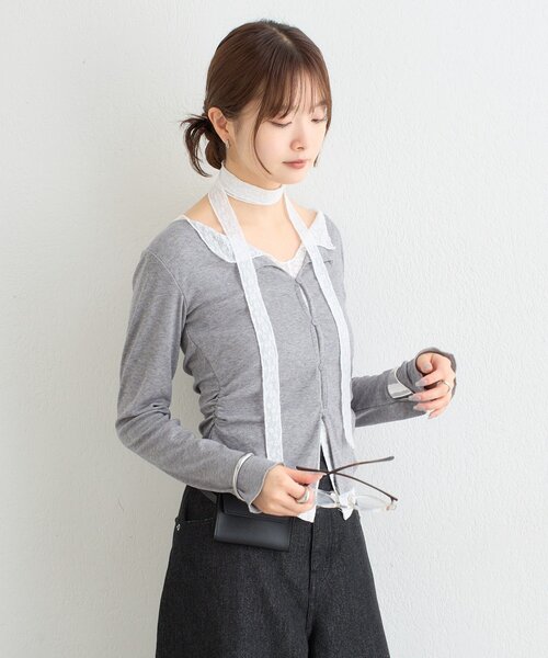 mystic（ミスティック）の「【ZOZO限定ITEM】レースチョーカ-付きレイヤードカットソー（Tシャツ/カットソー・レディース・グレー/ブラウン/オフホワイト・FREE）」の22枚目の写真