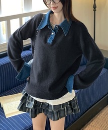デニム切替フェイクレイヤードニットトップス