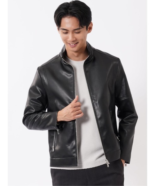 TAKA-Q(タカキュー)の「ブルゾン アウター シングル ライダース メンズ スタンドカラー ダブルファスナー 合成皮革(ライダースジャケット・メンズ・ブラック・LARGE)」の1枚目の写真