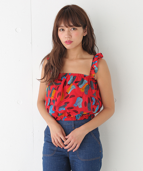 SLY(スライ)の「KIELO FLOWER フリルTOPS(タンクトップ・レディース・ダークグリーン/レッド/ネイビー・FREE)」の1枚目の写真