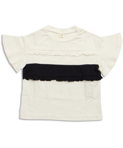 apres les cours（アプレレクール）の「袖フレア切替フリルTシャツ（Tシャツ/カットソー・キッズ・グレー/オフホワイト/ブラック・100/120/110/130/90/80）」の2枚目の写真