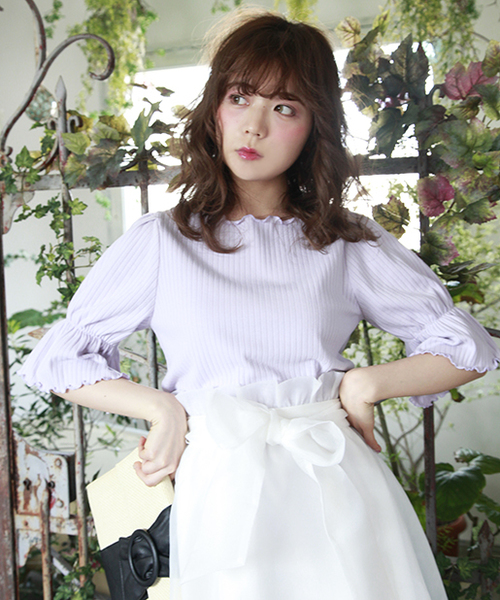 one after another NICE CLAUP（ワンアフターアナザーナイスクラップ）の「キャンディースリーブ半袖トップス（Tシャツ/カットソー・レディース・ラベンダー/ブラック/オフホワイト/イエロー・FREE）」の12枚目の写真