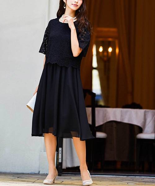 Fashion Letter(ファッションレター)の「レース×シフォンドッキング 結婚式ワンピースドレス(ドレス・レディース・ブラック/ネイビー/グレー/ピンク/グリーン/テラコッタ・LL/3L/M/L/5L/4L)」の2枚目の写真