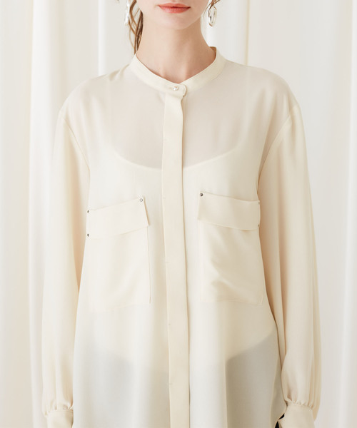 STUDIOUS（ステュディオス）の「【STUDIOUS】ライトシアー ボリュームスリーブ ノーカラーシャツ（シャツ/ブラウス・レディース・ブラック/アイボリー・FREE）」の10枚目の写真